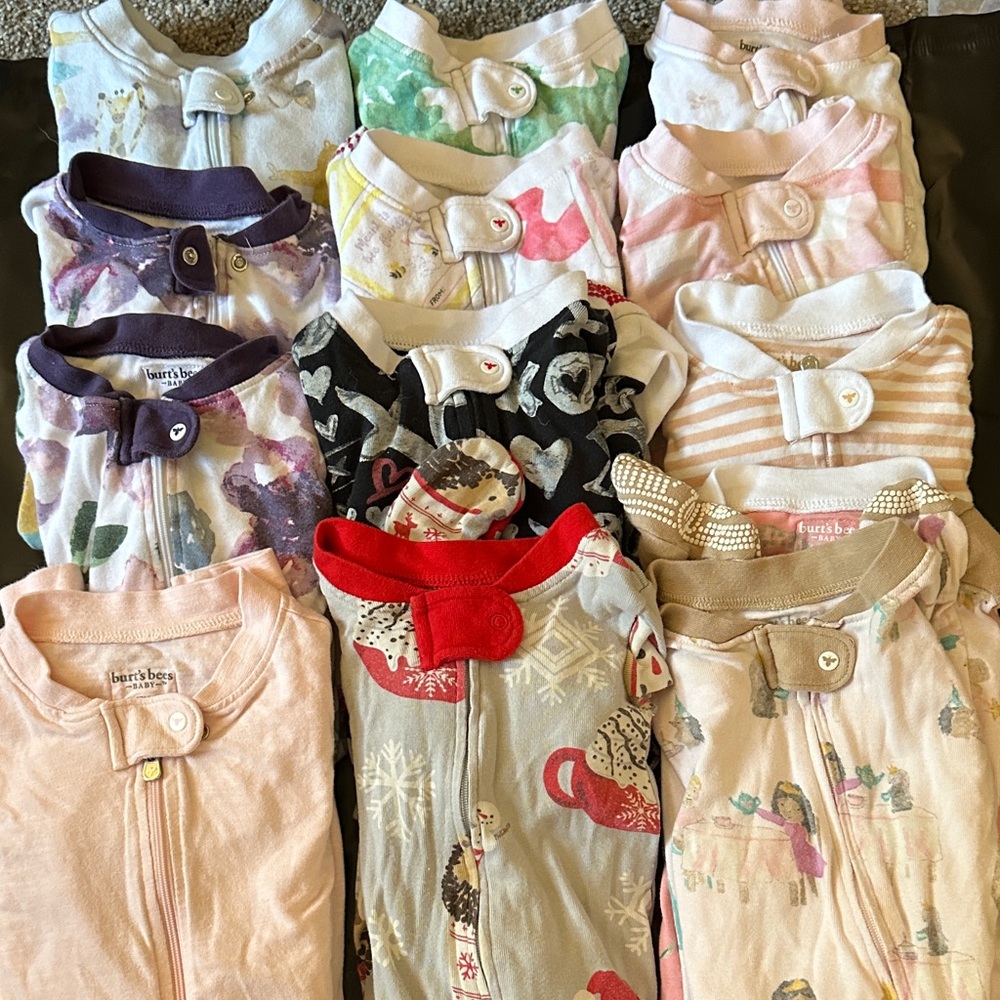 Lot of 12 Month Baby Girl Burts Bees Footie Pajamas